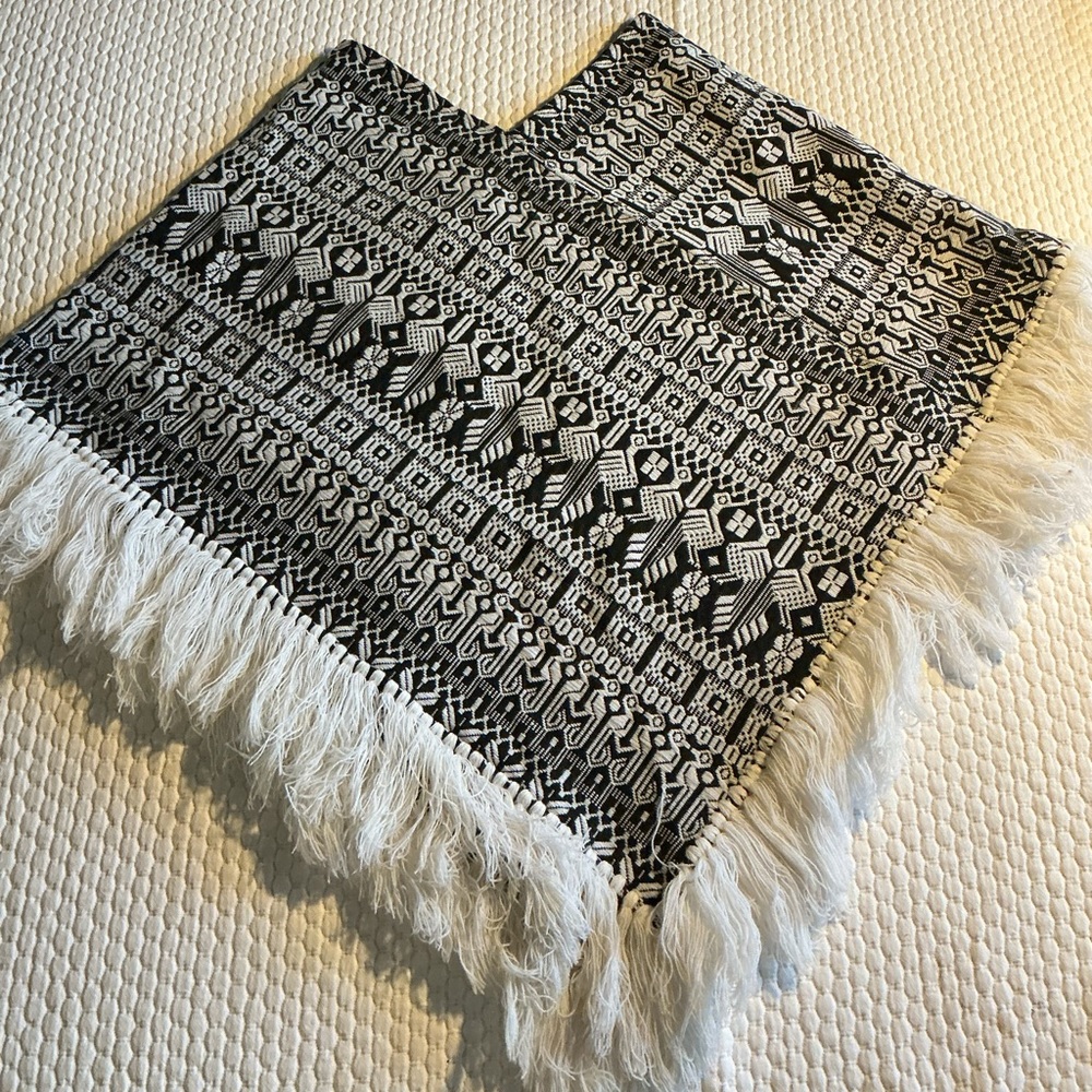 Black & White Off-Shoulder Fringe Pullover Sweater